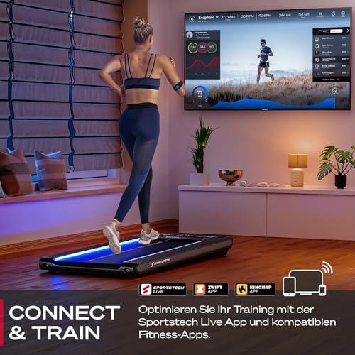 sWalk Walking Pad Laufband mit LED - 1-6 km/h Geschwindigkeit mit interaktivem LCD-Display & App Verbindung - Flexibles Under Desk Schreibtisch Treadmill für Zuhause & Büro - 7