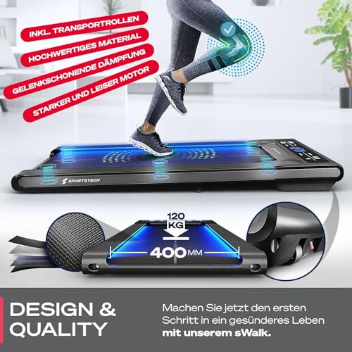 sWalk Walking Pad Laufband mit LED - 1-6 km/h Geschwindigkeit mit interaktivem LCD-Display & App Verbindung - Flexibles Under Desk Schreibtisch Treadmill für Zuhause & Büro - 9