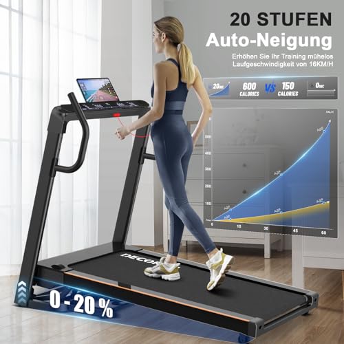 Decorcn Laufband für Zuhause - 4,5 PS, bis 16 km/h. Profi Große Lauffläche Laufband Klappbar, 20 Neigungsstufen Leise Walking Pad mit interaktivem LCD-Display & Bluetooth Lautsprecher, bis 150kg - 3