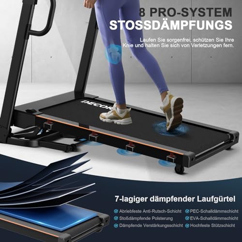 Decorcn Laufband für Zuhause - 4,5 PS, bis 16 km/h. Profi Große Lauffläche Laufband Klappbar, 20 Neigungsstufen Leise Walking Pad mit interaktivem LCD-Display & Bluetooth Lautsprecher, bis 150kg - 4