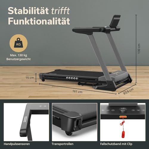 Skandika Laufband Nordik K18-S | Steigung bis 18%, klappbar, 1-18 km/h, LED-Anzeige, App-kompatibel, 130 x 49 cm Lauffläche, bis 130 kg | Fitnessgerät, Ausdauertraining für Zuhause - 6