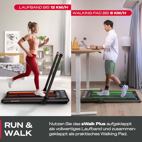 Sportstech sWalk Plus - 2in1 LED Laufband und Walking Pad bis 12 km/h klappbar - Laufband für Zuhause und Schreibtisch mit Bluetooth APP bis 120 kg Nutzergewicht, 1,5 PS Motor Fitness Treadmill - 2