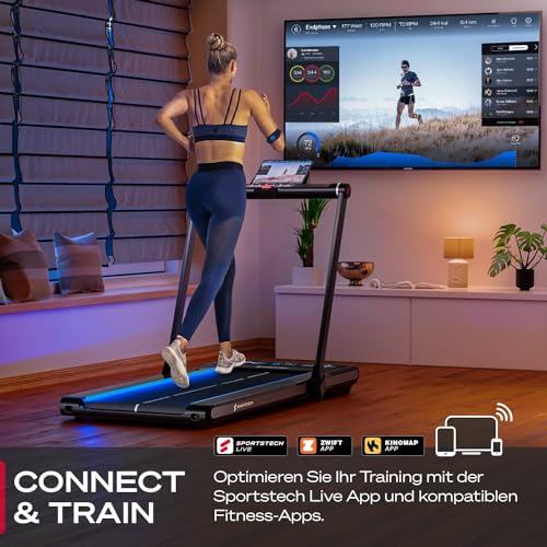 Sportstech sWalk Plus - 2in1 LED Laufband und Walking Pad bis 12 km/h klappbar - Laufband für Zuhause und Schreibtisch mit Bluetooth APP bis 120 kg Nutzergewicht, 1,5 PS Motor Fitness Treadmill - 4